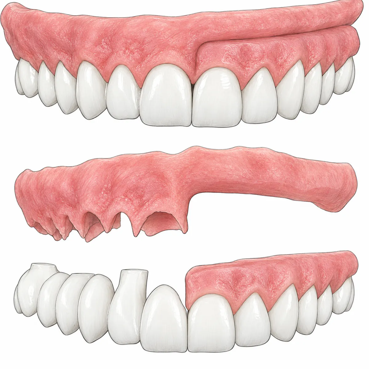 Illustration comparing FP1 natural gum and tooth finish with pink acrylic denture aesthetics
